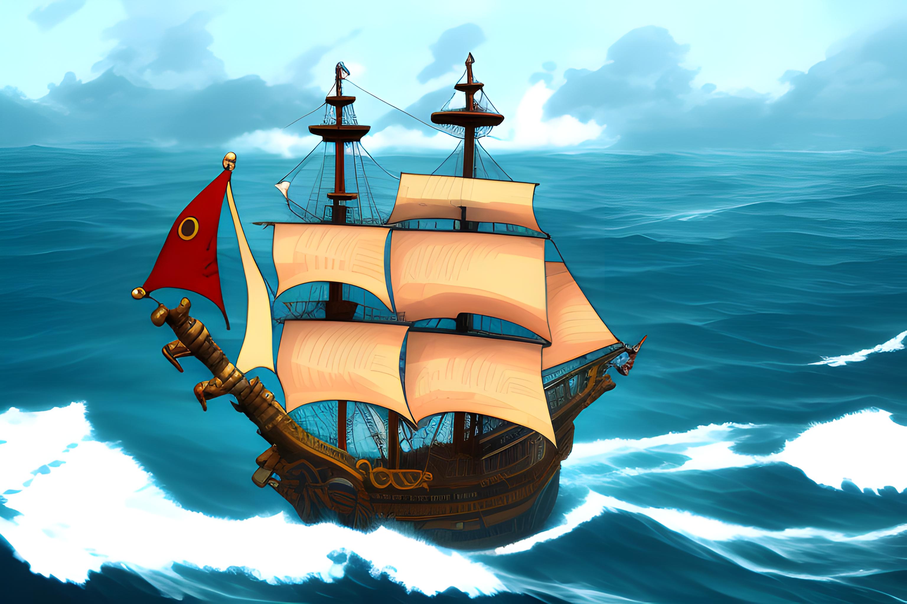 A ship of luffy in sea with its flag | Wallpapers.ai